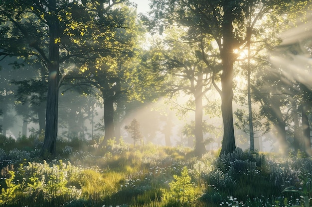 Photo sunlight streaming through trees in dense forest