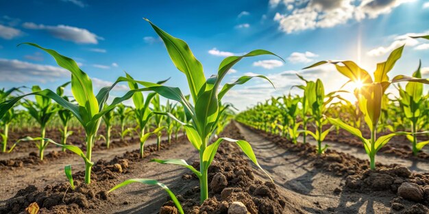 Sunlit Cornfield with Rows of Young Plants Young corn plants grow in rows in a field bathed in wa