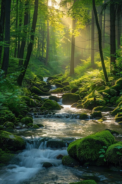 Photo sunlit forest with a gently flowing stream mosscovered rocks and serene atmosphere