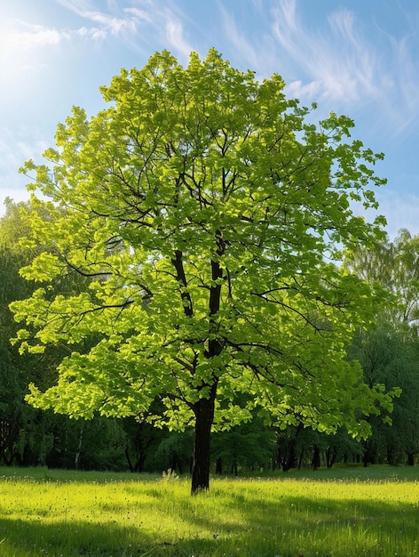 Photo sunlit green tree in lush park landscape