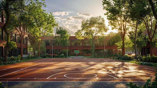 Photo a sunny evening schoolyard with basketball court and school building exterior