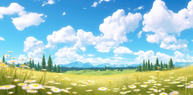 Photo sunny meadow of white daisies under a majestic cloudfilled sky generative ai