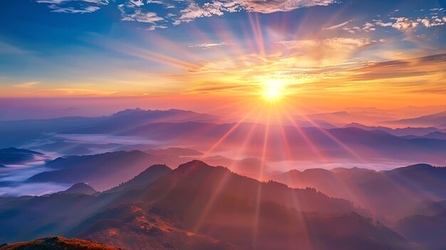 Photo sunrise over a mountain range with clouds and rays of light