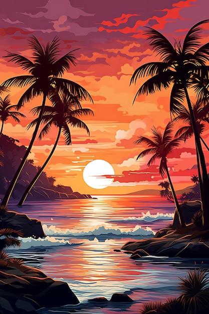 sunset on a beach with palm trees