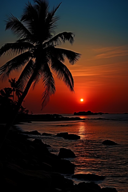 sunset on a beach with palm trees