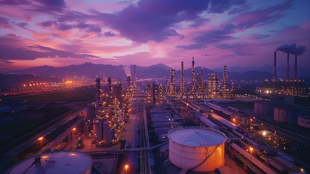 At sunset the lights at the petrochemical plant were brightly lit