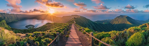 Photo sunset view from a mountain path in azores