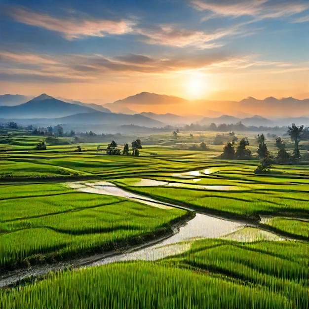 Photo a sunset view of rice fields and mountains