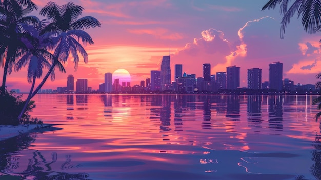 Photo a sunset with a palm tree and the city in the background