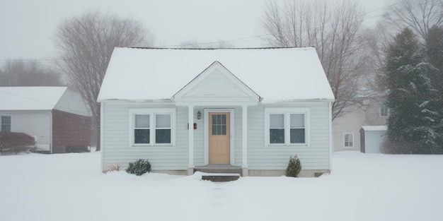 Photo a super small one story house able to fit one person set in a small town during the winter