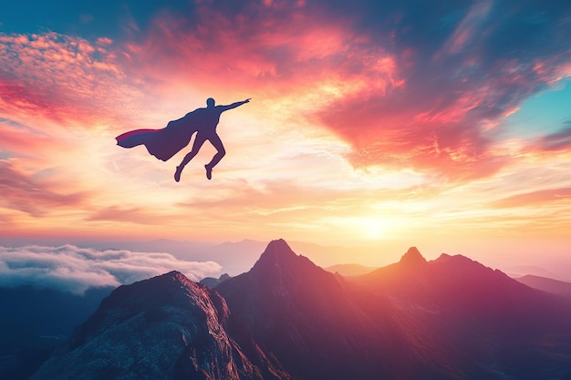 Photo a superhero flying over a mountain with the sun behind him