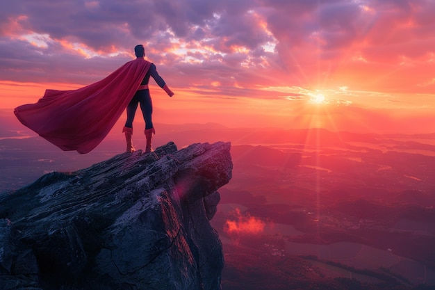 Photo superhero standing on mountain top looking at scenic sunset view