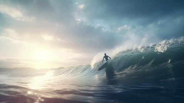 Foto surfista nell'oceano con una tavola da surf generative ai