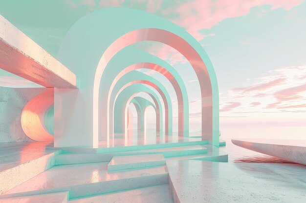 Photo surreal architecture landscape arches in light pink and mint green colors abstract design concept