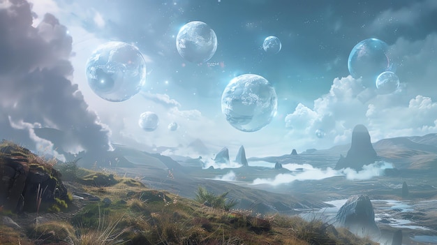 Surreal landscape with floating spheres