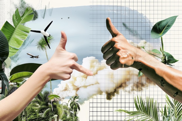 Photo sustainable future concept hands gesturing with nature and technology elements