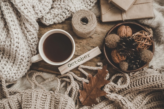 Sweaters and cup of tea with notebook, candle and knitting clothes