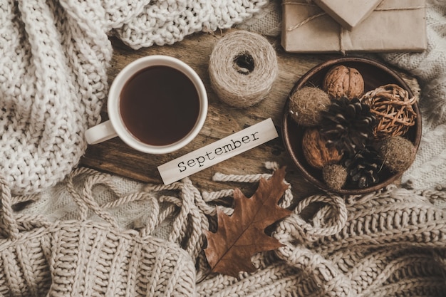 Sweaters and cup of tea with notebook, candle and knitting clothes