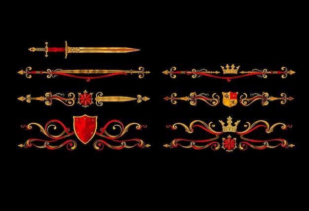 Photo swords shields crowns regal medieval tones with reds and golds knightly heraldry style strong pr