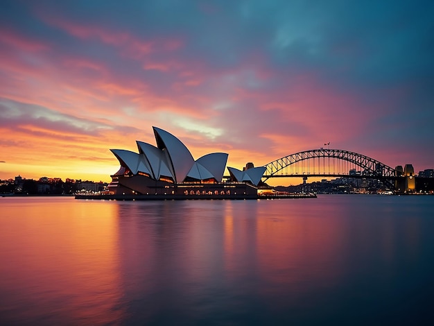 Photo sydney opera house at sunset landmarks panorama evening photo artificial reflection