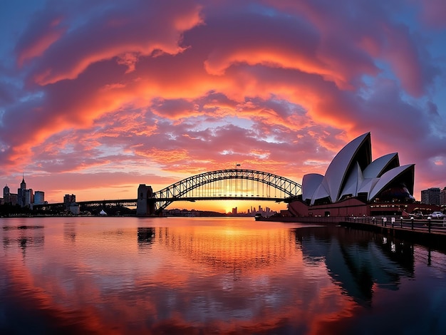 Photo sydney opera house at sunset landmarks panorama evening photo artificial reflection