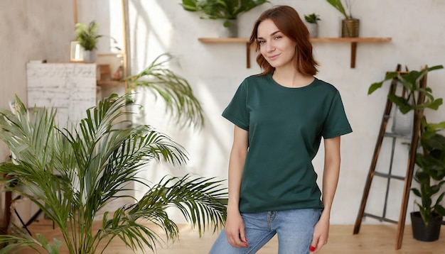 Foto t-shirt mockup van een vrouw met een kerstachtige achtergrond