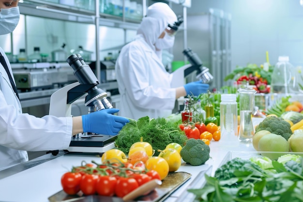 a table with a bunch of vegetables and fruits and quality check using a microscope