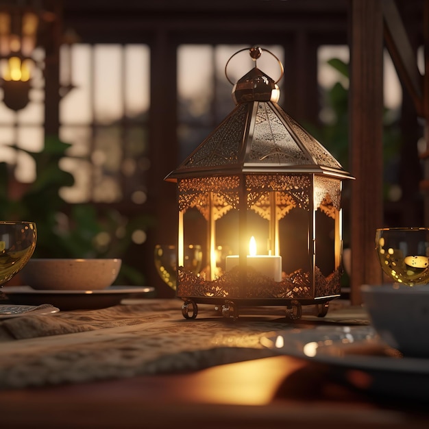 A table with a lantern and a bowl of food on it