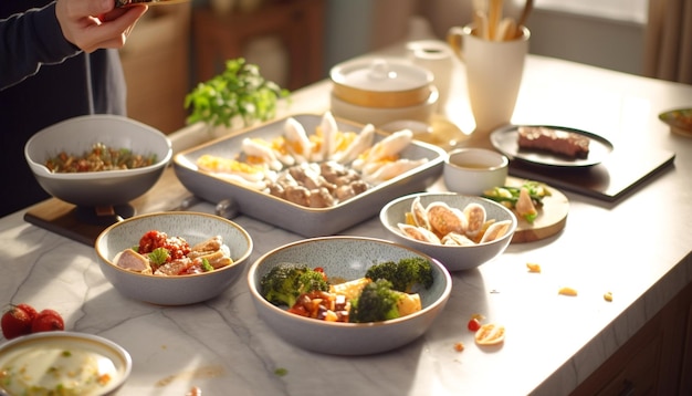 Foto un tavolo con diverse ciotole di cibo, tra cui broccoli, cavolfiore e altri cibi