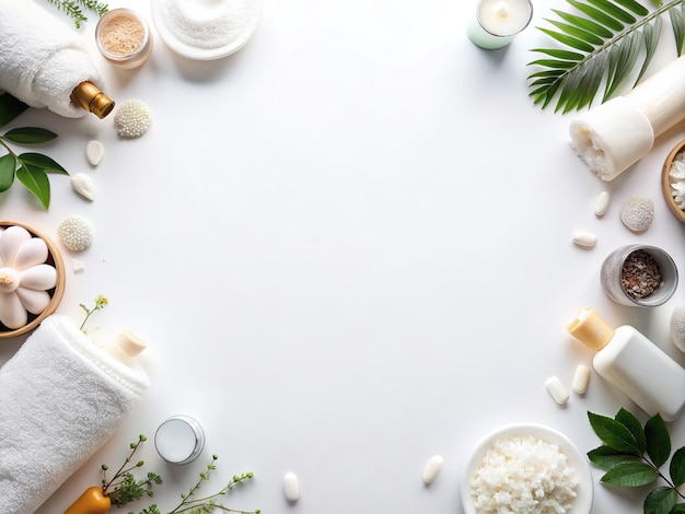 Photo a table with a white table that has a border of palm trees and flowers on it