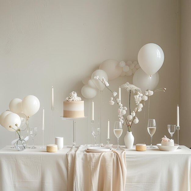 a table with white tablecloth and white balloons on it