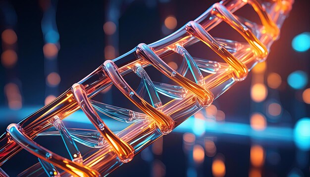 Tansparent DNA molecule made of glass filled with glowing neon wires generative AI