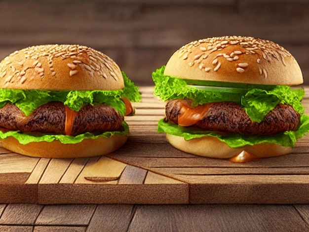 Tasty burgers on wooden table