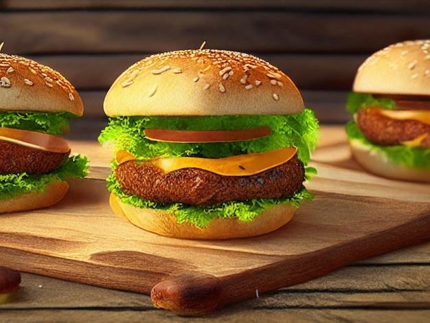 Tasty burgers on wooden table