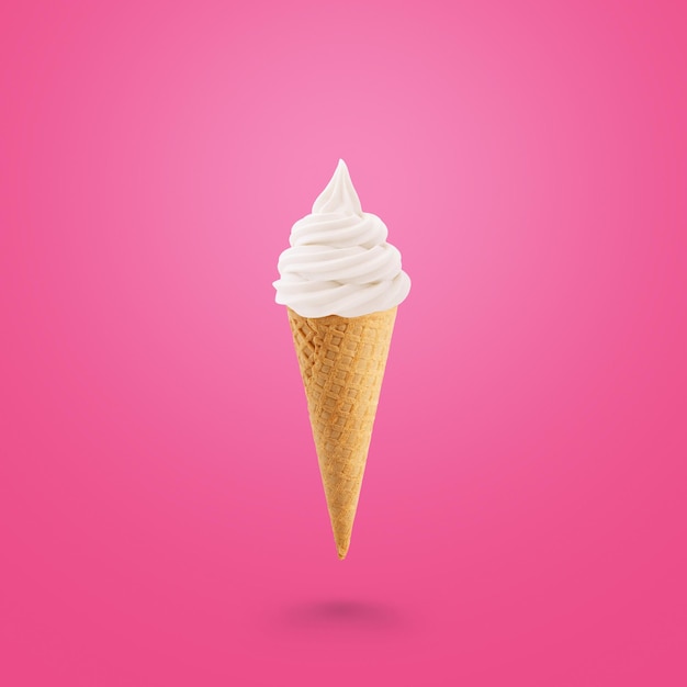 Tasty ice cream in a cone on a pink background