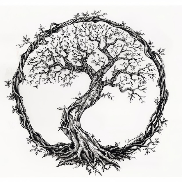 Photo tattoo art sketch of a tree with branches and leaves