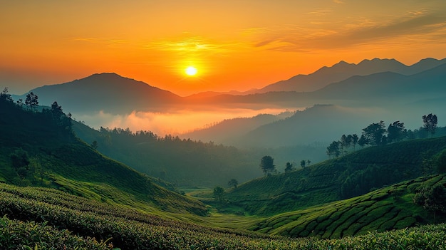 Photo tea plantation at sunrise in munnar kerala south india