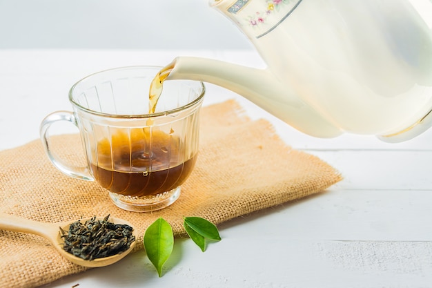 Photo tea with  tea glass on white wood