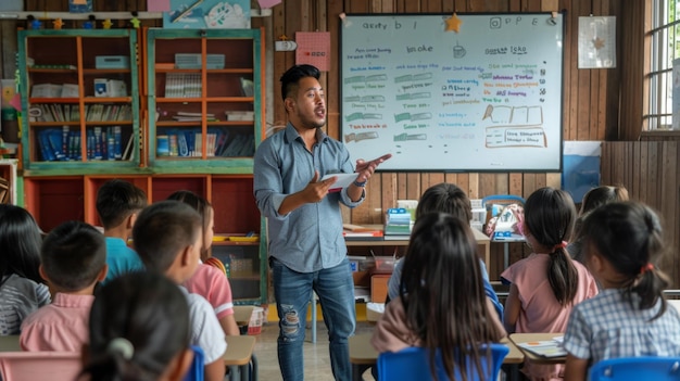 Photo the teacher is presenting to a classroom of children building knowledge and sharing educational