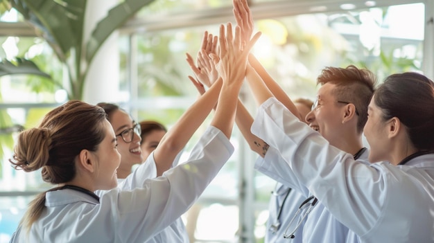 Foto una squadra di medici in uniforme che si accumulano