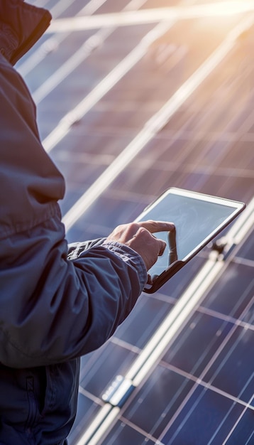 Photo technician using tablet to monitor solar panels remotely renewable energy maintenance