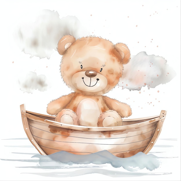 teddy bear in a boat illustrataion cute nuresery watercolor