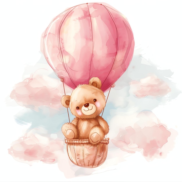 teddy bear sitting in a pink hot air balloon illustrataion cute nuresery watercolor