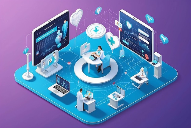 Telemedicine medical treatment and online healthcare services isometric network of concepts