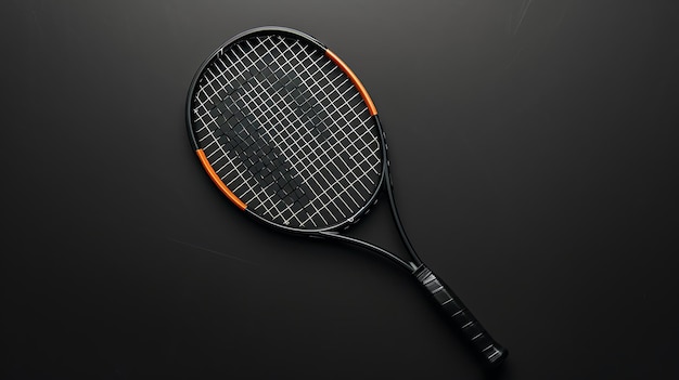 A tennis racket isolated on a black background The racket is black with orange strings