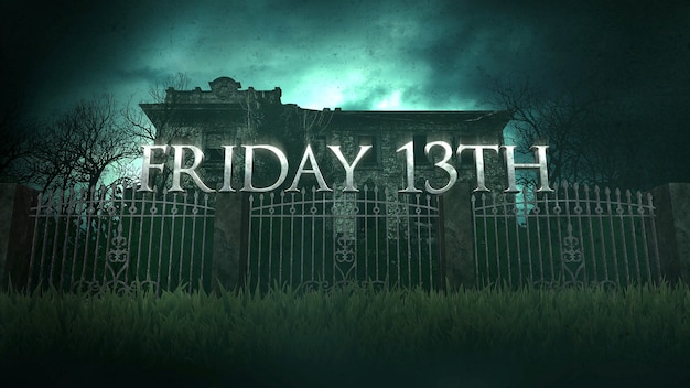 Text Friday 13th and mystical horror background with the house and moon