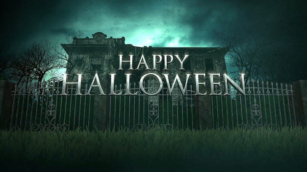 Text Happy Halloween and mystical horror background with the house and moon, abstract backdrop. Luxury and elegant 3d illustration of horror theme