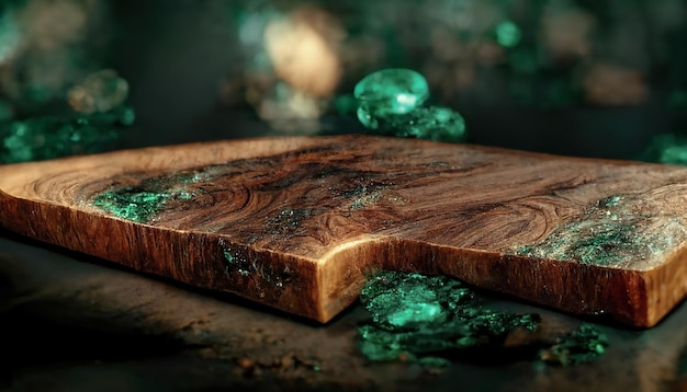 Texture of old dark wood with stain and emerald epoxy in cracks Beautiful modern wooden background with resin 3D illustration