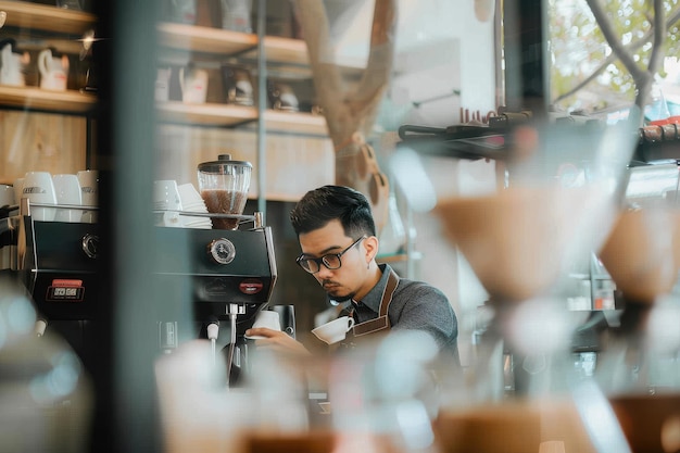 Photo thai male barista making cappuccino at coffee shop stock photo steam milk hot drink coffee cup b