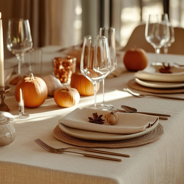 Photo thanksgiving table decor in orange and beige